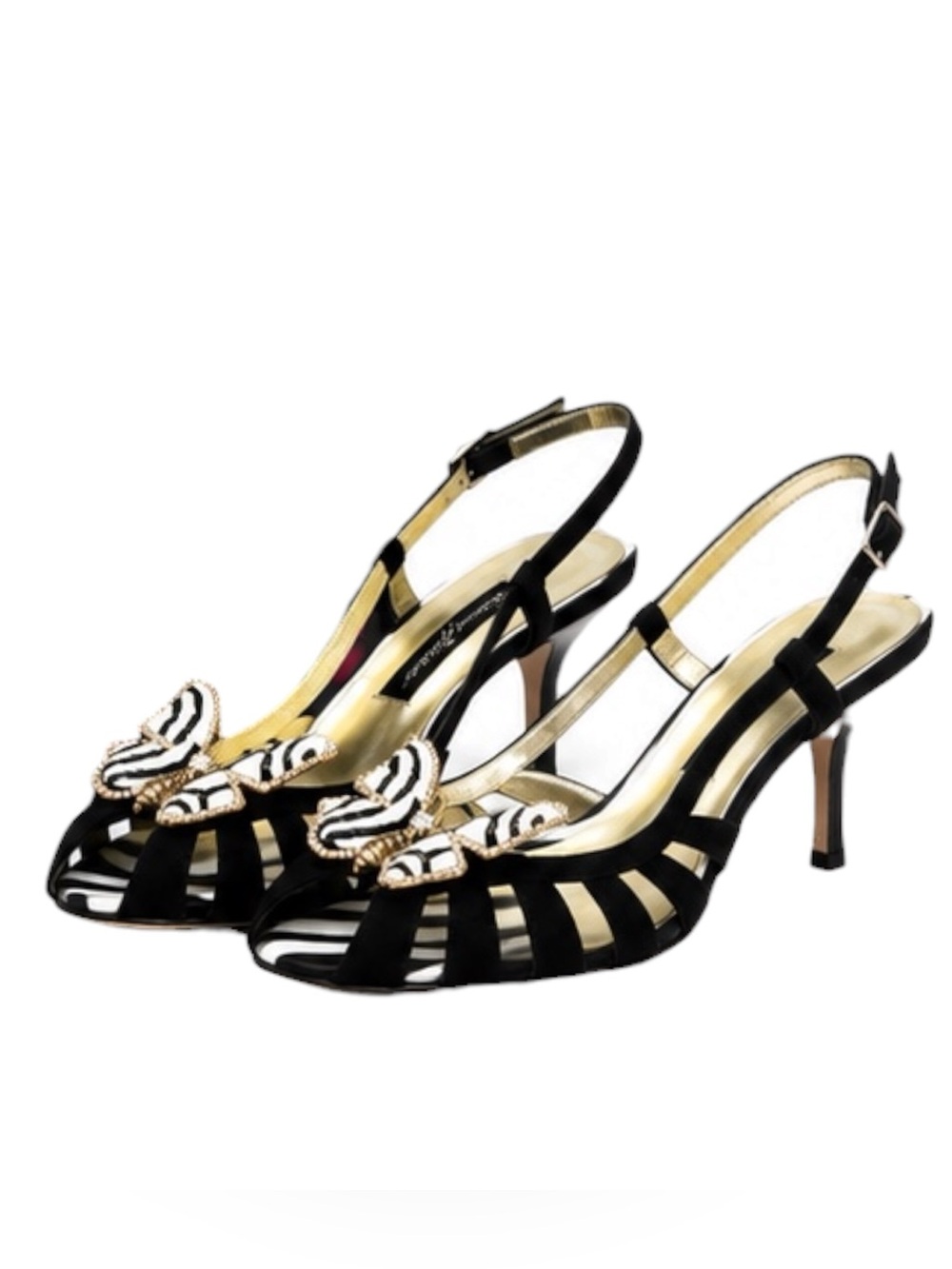 Size 8.5 NWT Beverly Feldman Black Slingback Heels with Zebra Butterfly Accent